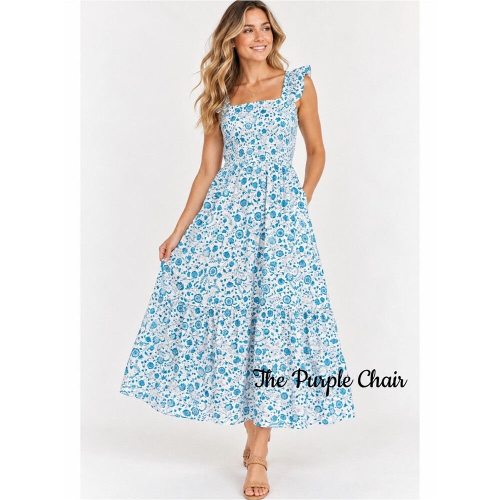 DRAPER JAMES NWT Blue Floral Flutter Strap Square Neck Midi Dress L